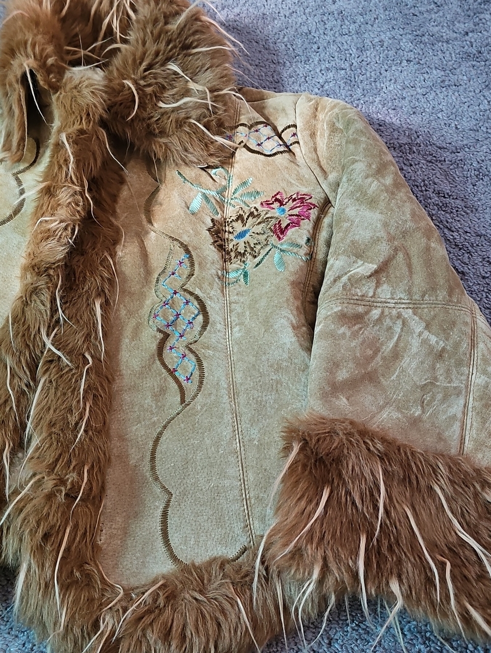 Y2K XOXO Heavily Embroidered Genuine Suede Leather Jacket Penny Lane Style Sz L - Picture 3 of 15